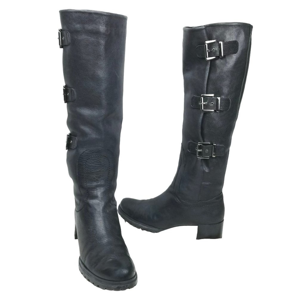 Stuart Weitzman Tall Black Leather Buckle Heeled Riding Boots size 8.5